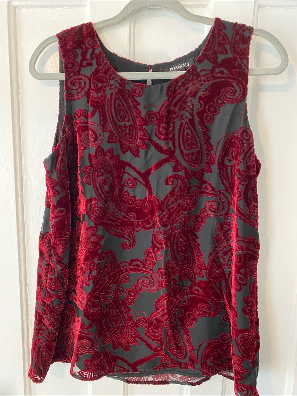 Roz & Ali Red Paisley Burnout Velvet Sleeveless Blouse